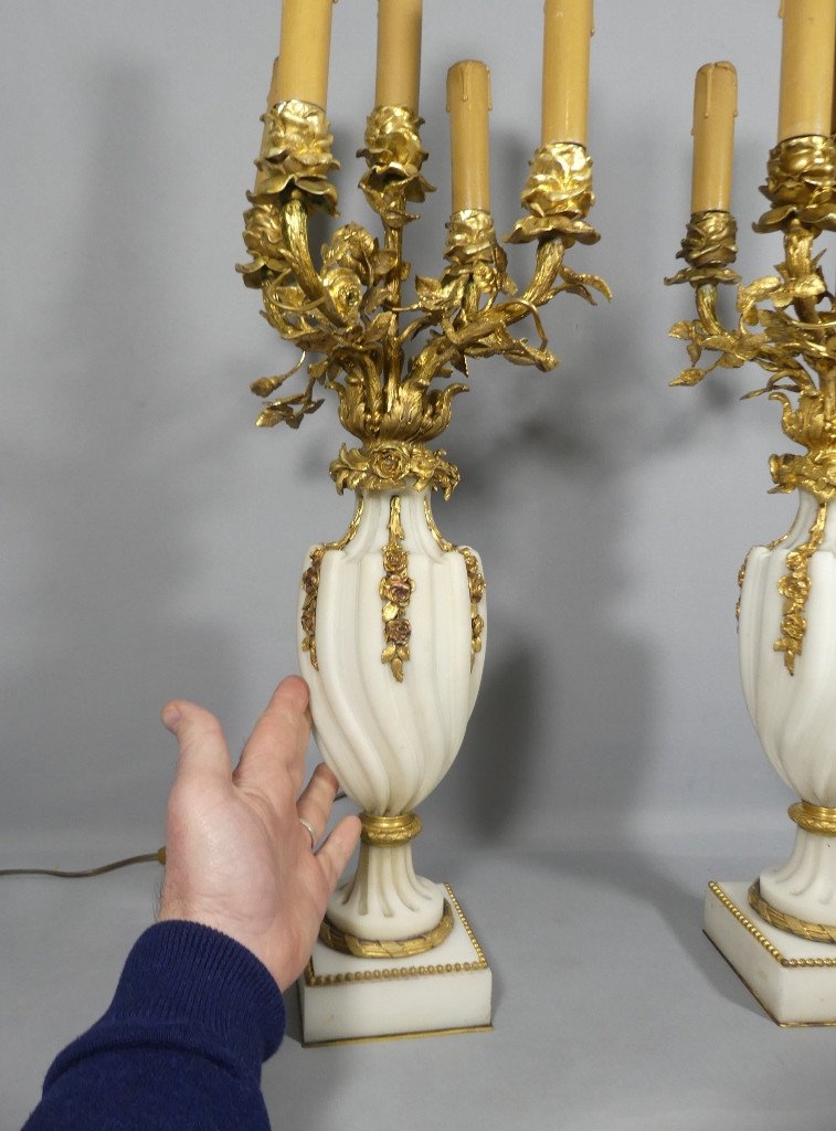 Pair Of Louis XVI Style Candelabra Lamps In Spiral White Marble And Bronze With Roses, 19th Century-photo-4