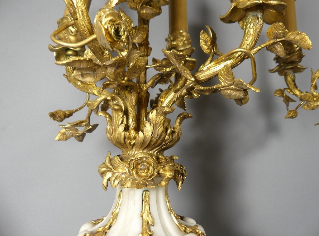 Pair Of Louis XVI Style Candelabra Lamps In Spiral White Marble And Bronze With Roses, 19th Century-photo-5