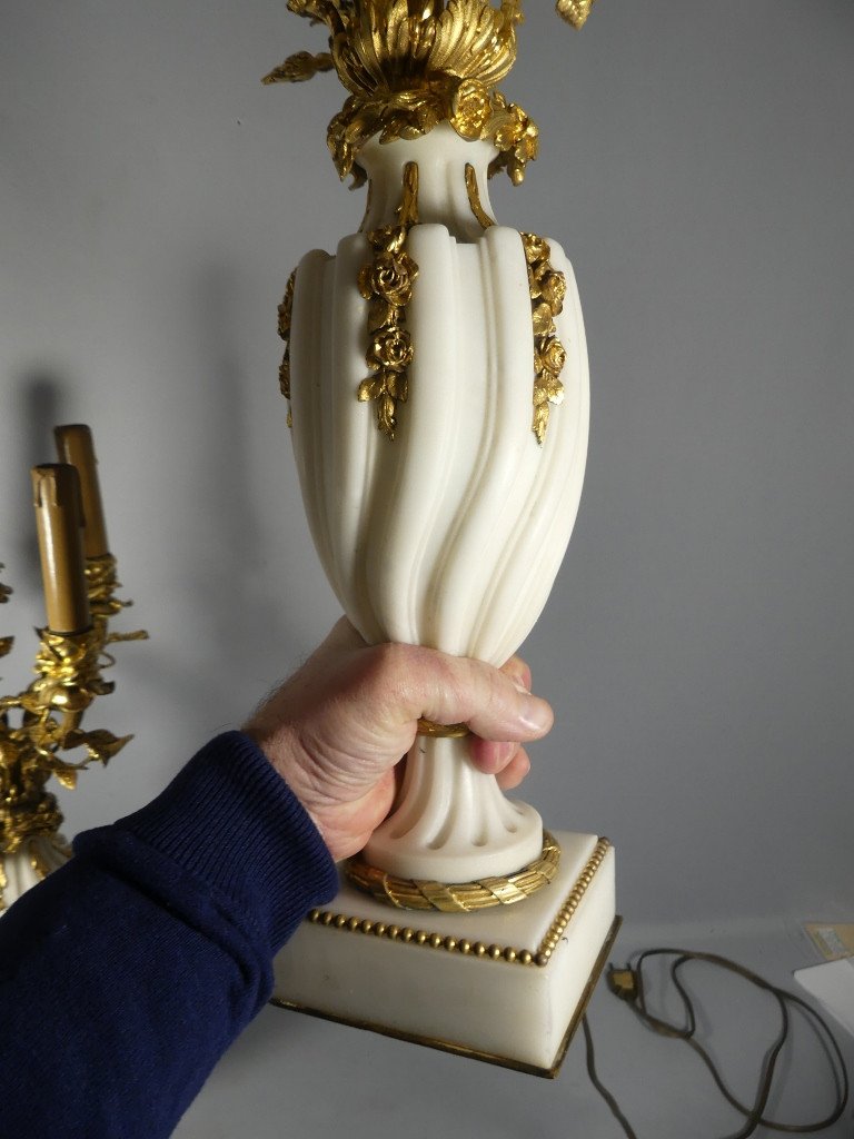 Pair Of Louis XVI Style Candelabra Lamps In Spiral White Marble And Bronze With Roses, 19th Century-photo-8