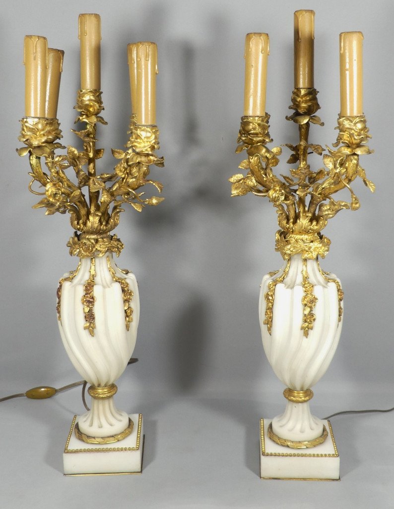 Pair Of Louis XVI Style Candelabra Lamps In Spiral White Marble And Bronze With Roses, 19th Century