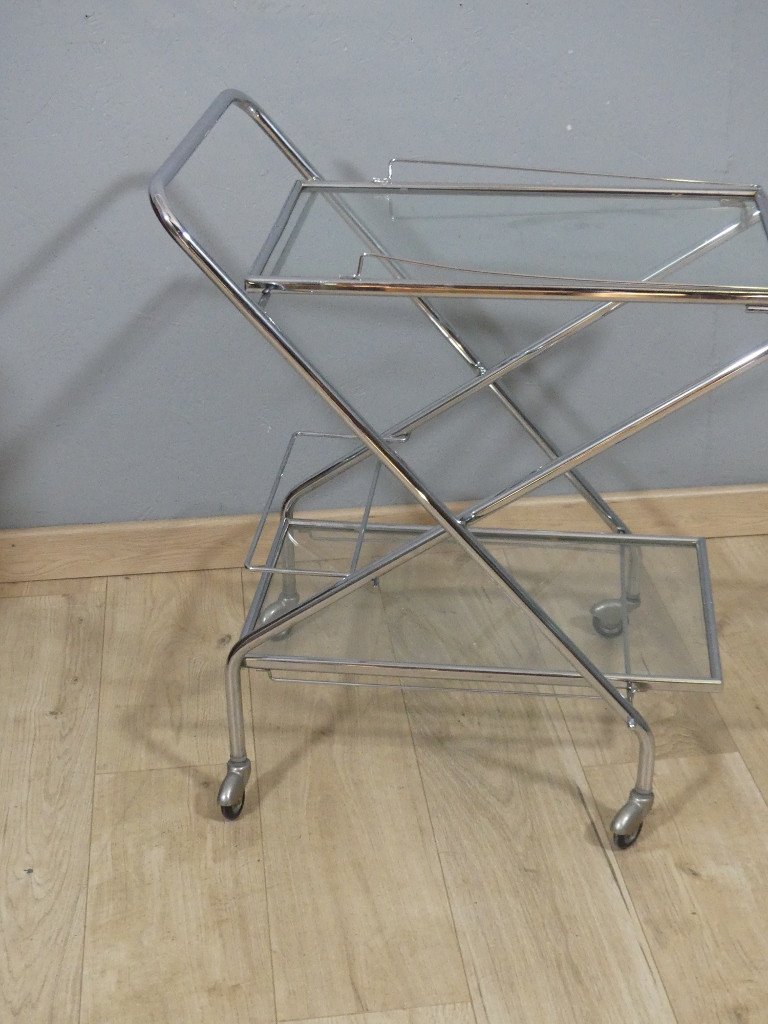 Trolley, Folding Rolling Bar In Chromed Metal And Glass, 1970-1980 Period-photo-2