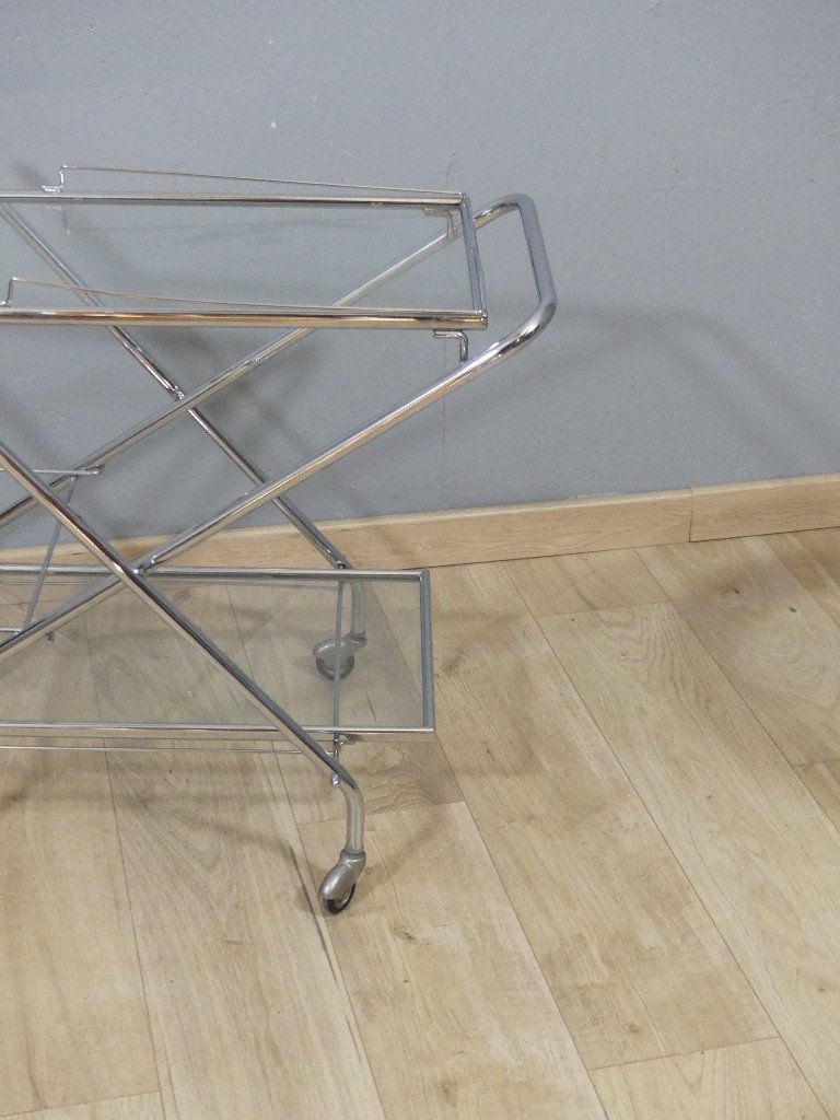 Trolley, Folding Rolling Bar In Chromed Metal And Glass, 1970-1980 Period-photo-3