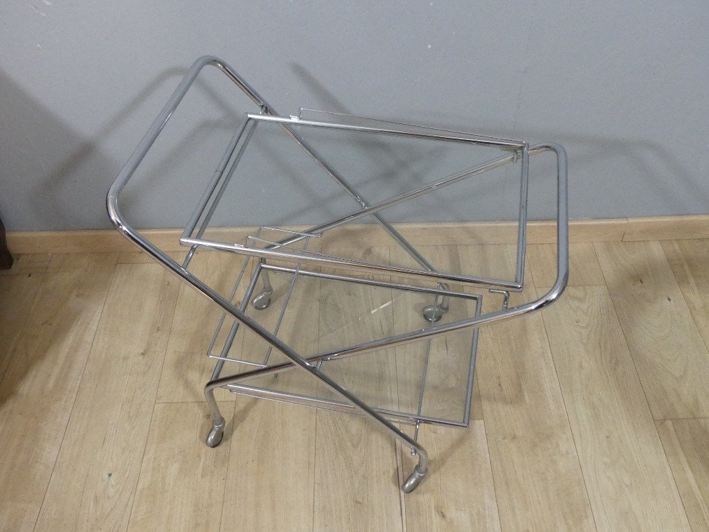 Trolley, Folding Rolling Bar In Chromed Metal And Glass, 1970-1980 Period-photo-4