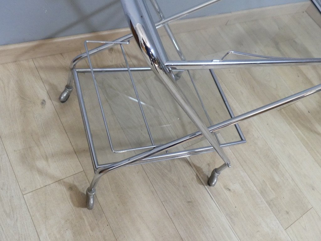 Trolley, Folding Rolling Bar In Chromed Metal And Glass, 1970-1980 Period-photo-1