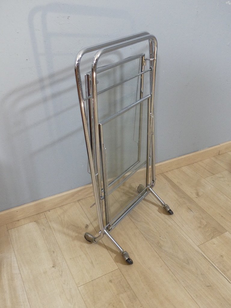 Trolley, Folding Rolling Bar In Chromed Metal And Glass, 1970-1980 Period-photo-2