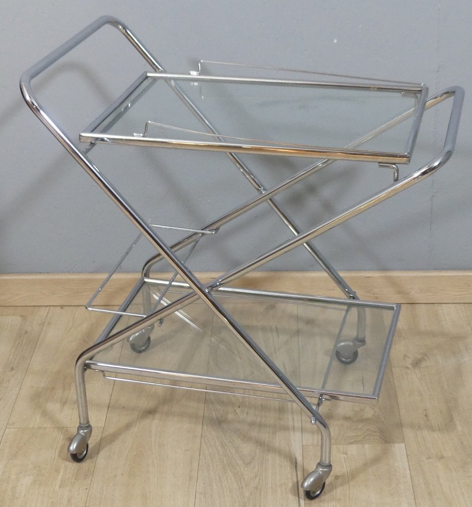 Trolley, Folding Rolling Bar In Chromed Metal And Glass, 1970-1980 Period