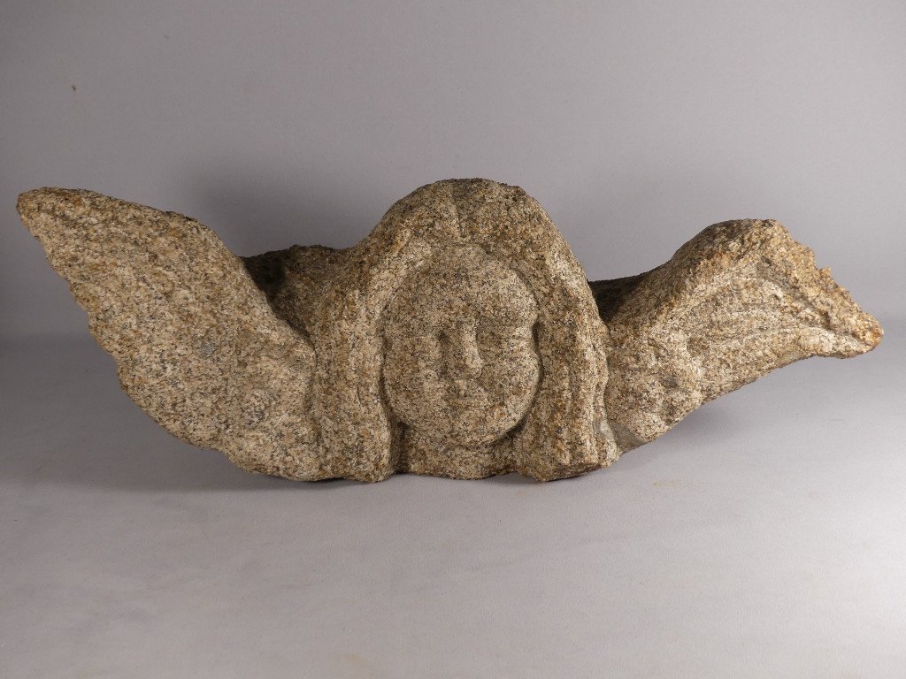 Ange, Angelot Aux Ailes Déployées En Pierre Granit Sculptée, époque XVI ème-xvii ème Siècle-photo-2