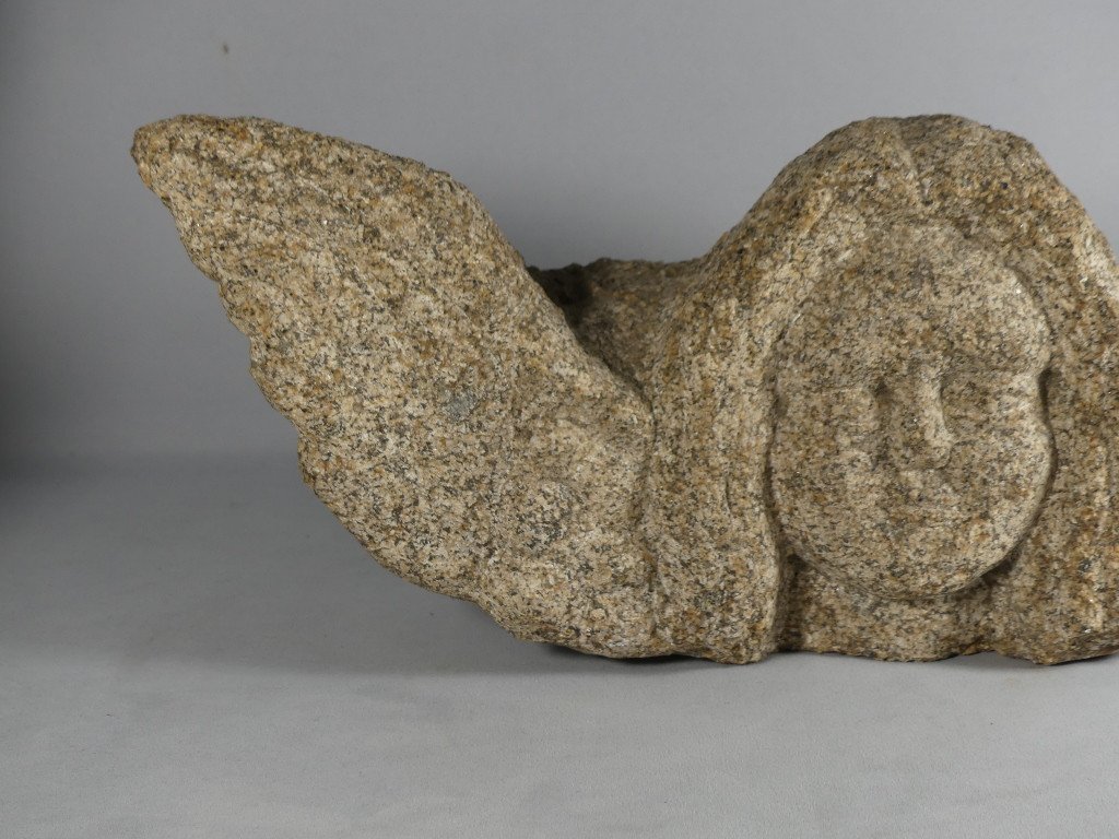 Ange, Angelot Aux Ailes Déployées En Pierre Granit Sculptée, époque XVI ème-xvii ème Siècle-photo-4