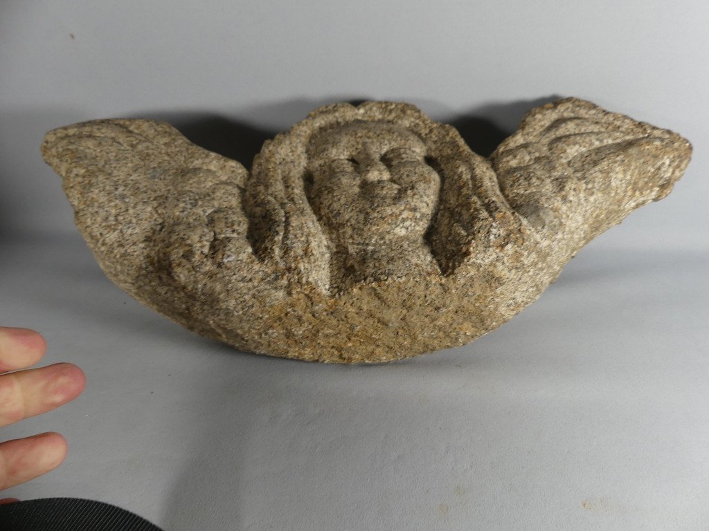 Ange, Angelot Aux Ailes Déployées En Pierre Granit Sculptée, époque XVI ème-xvii ème Siècle-photo-3