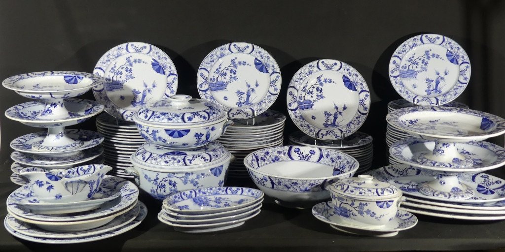 Japan Creil Et Montereau, Complete Service 97 Pieces For 12 People In Earthenware, Monet Giverny