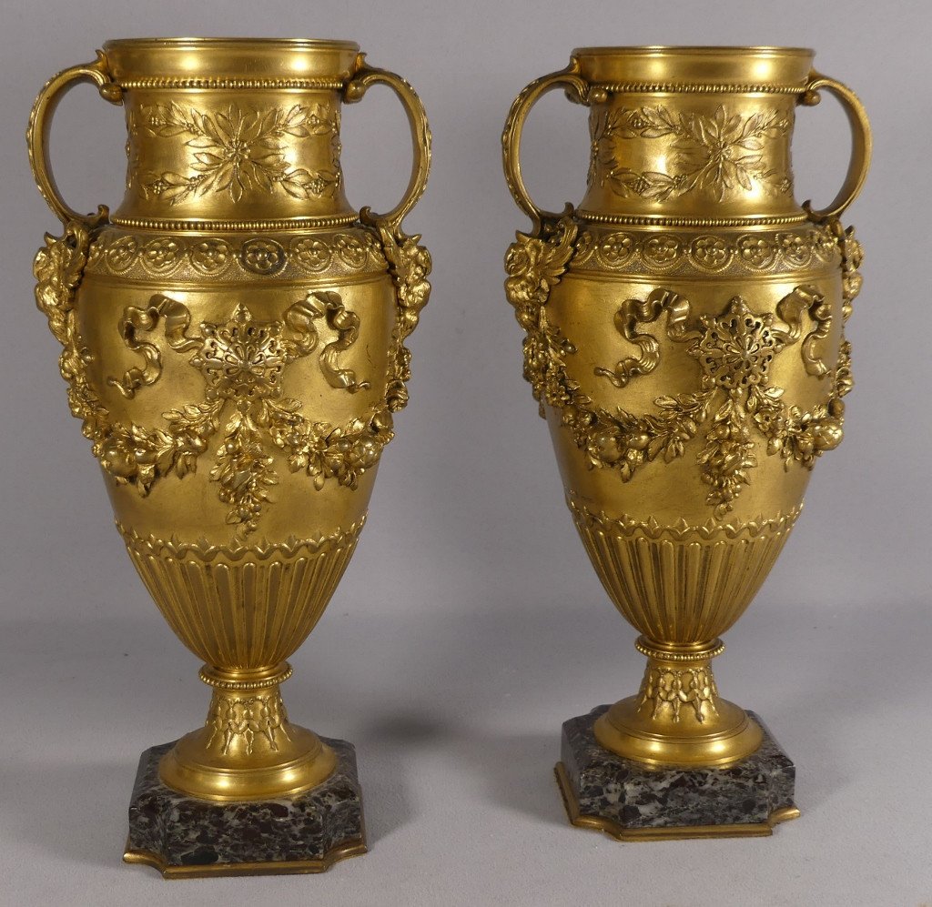 Barbedienne, Pair Of Gilt Bronze Cassolette Vases With Flowers, 19th Century -photo-2