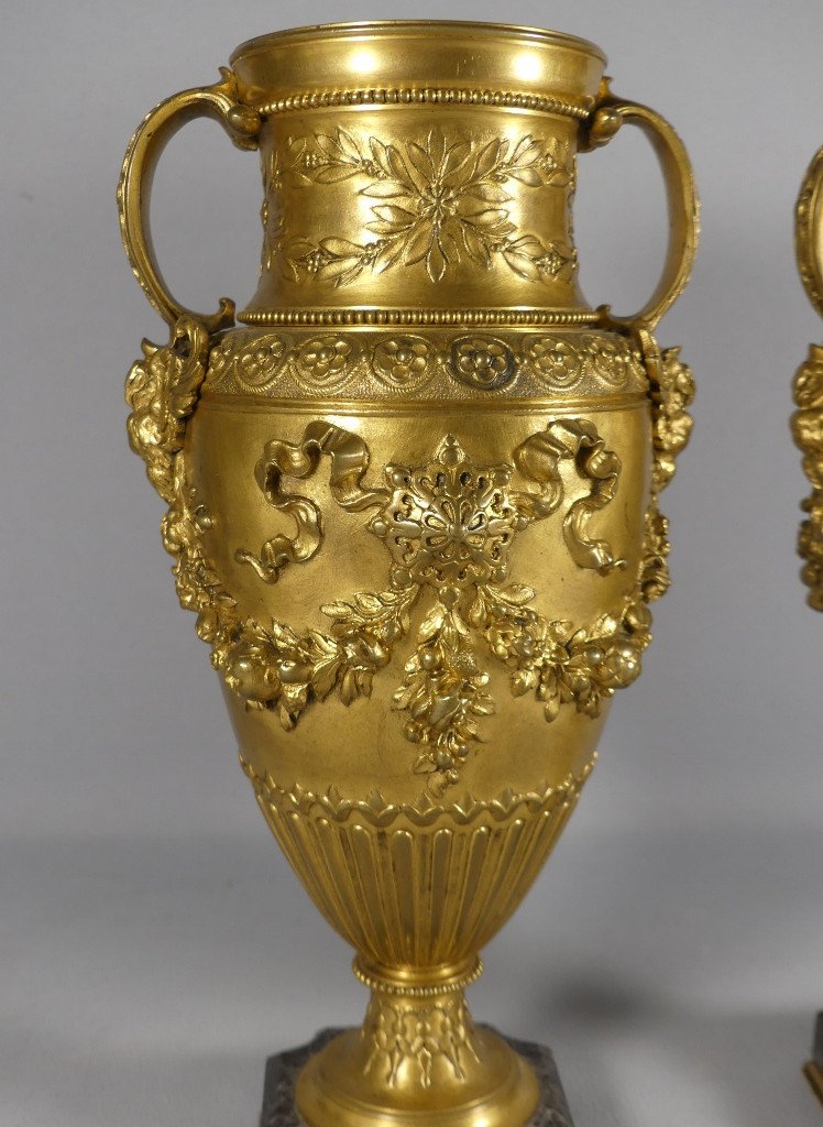 Barbedienne, Pair Of Gilt Bronze Cassolette Vases With Flowers, 19th Century -photo-3