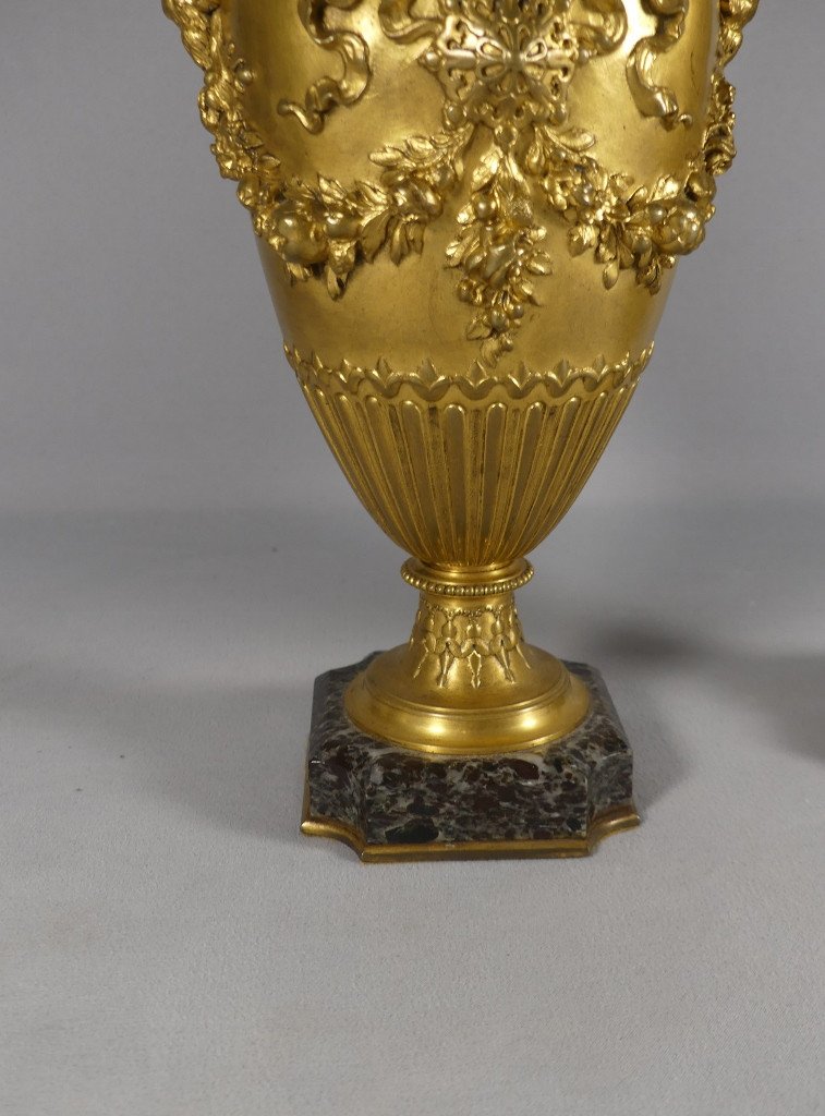 Barbedienne, Pair Of Gilt Bronze Cassolette Vases With Flowers, 19th Century -photo-4