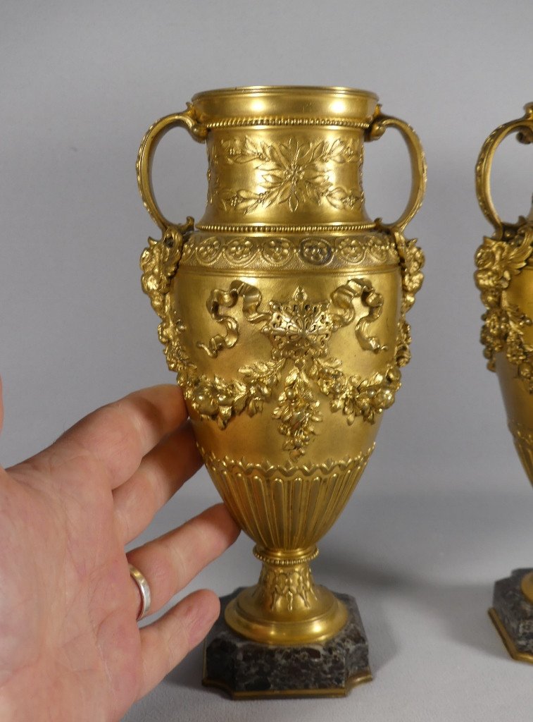 Barbedienne, Pair Of Gilt Bronze Cassolette Vases With Flowers, 19th Century -photo-1