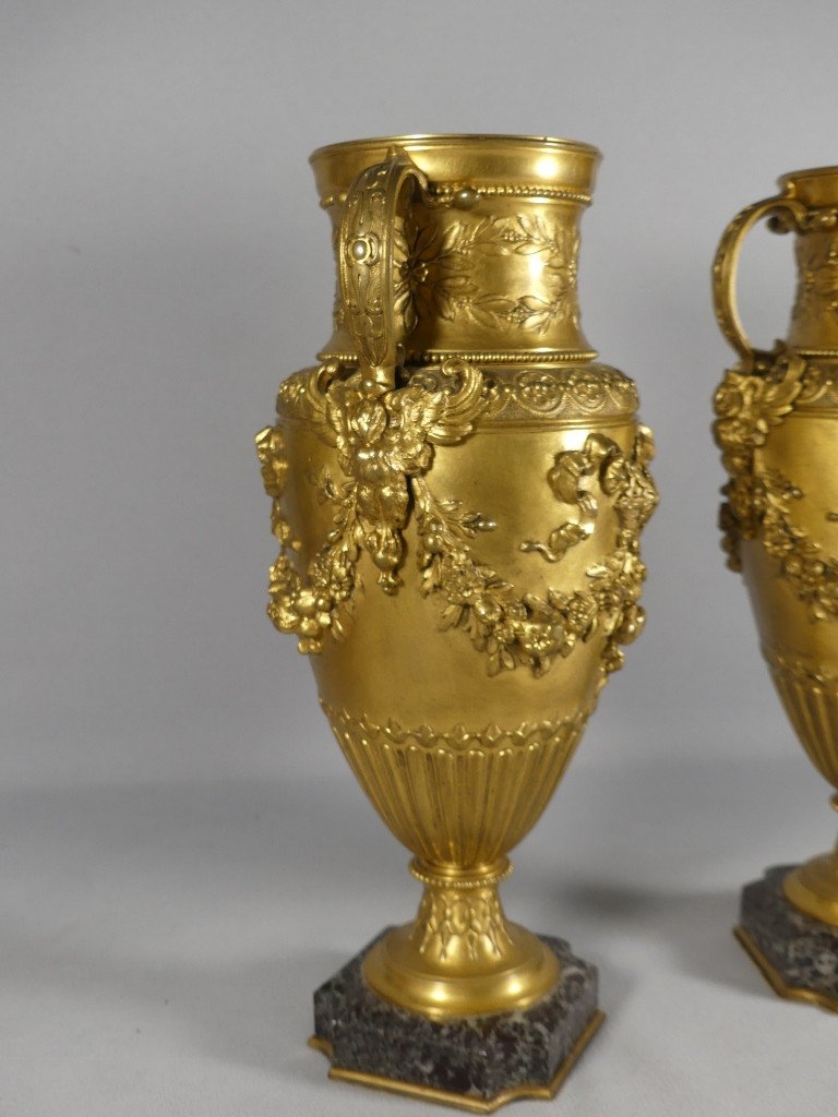 Barbedienne, Pair Of Gilt Bronze Cassolette Vases With Flowers, 19th Century -photo-2