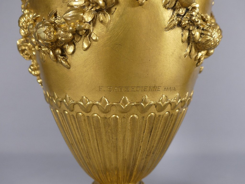 Barbedienne, Pair Of Gilt Bronze Cassolette Vases With Flowers, 19th Century -photo-3