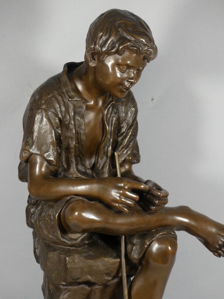 Joseph Ascoli (1847-1929), Le Jeune Pêcheur, Grand Bronze 57 Cm à Patine Brune-photo-2