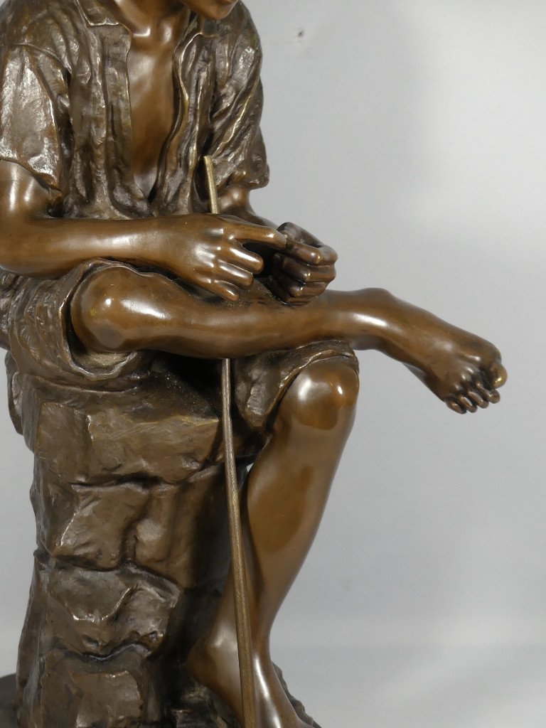 Joseph Ascoli (1847-1929), Le Jeune Pêcheur, Grand Bronze 57 Cm à Patine Brune-photo-3