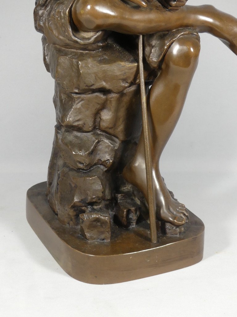 Joseph Ascoli (1847-1929), Le Jeune Pêcheur, Grand Bronze 57 Cm à Patine Brune-photo-4