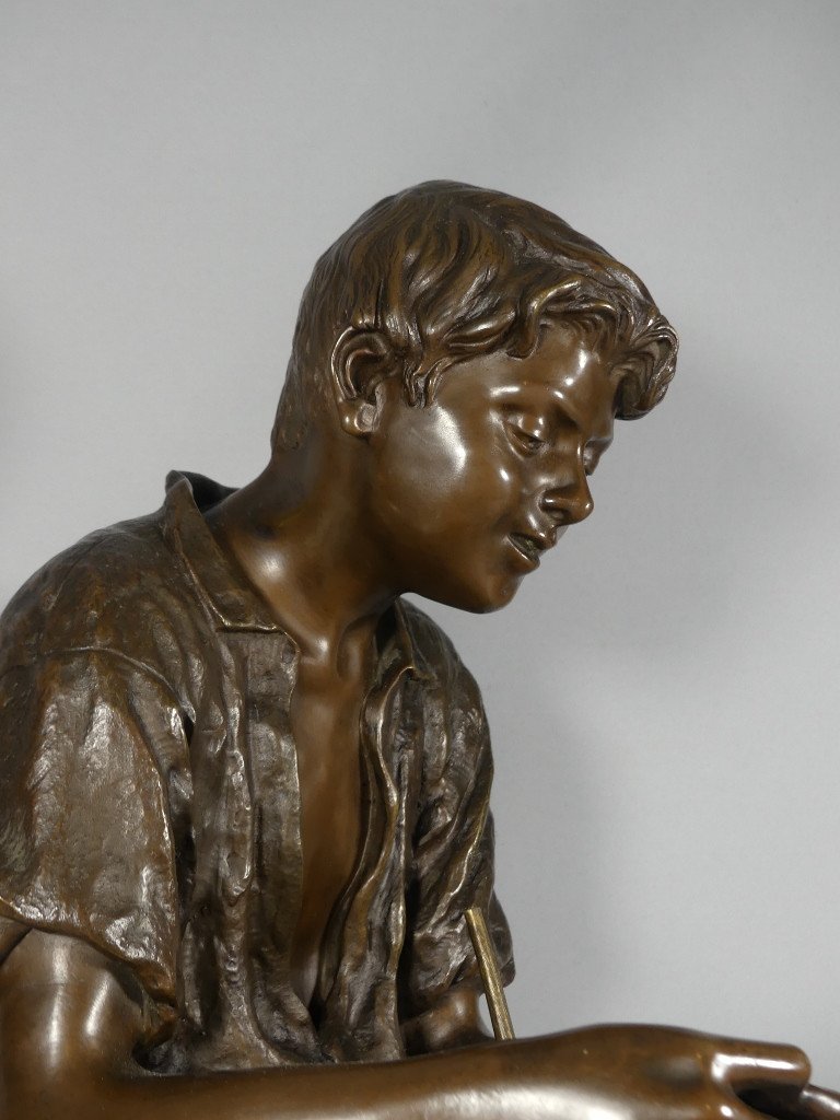 Joseph Ascoli (1847-1929), Le Jeune Pêcheur, Grand Bronze 57 Cm à Patine Brune-photo-1