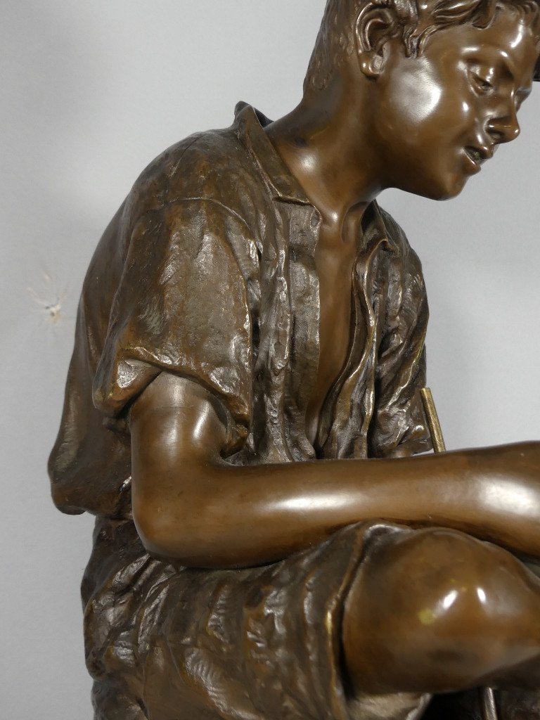 Joseph Ascoli (1847-1929), Le Jeune Pêcheur, Grand Bronze 57 Cm à Patine Brune-photo-2