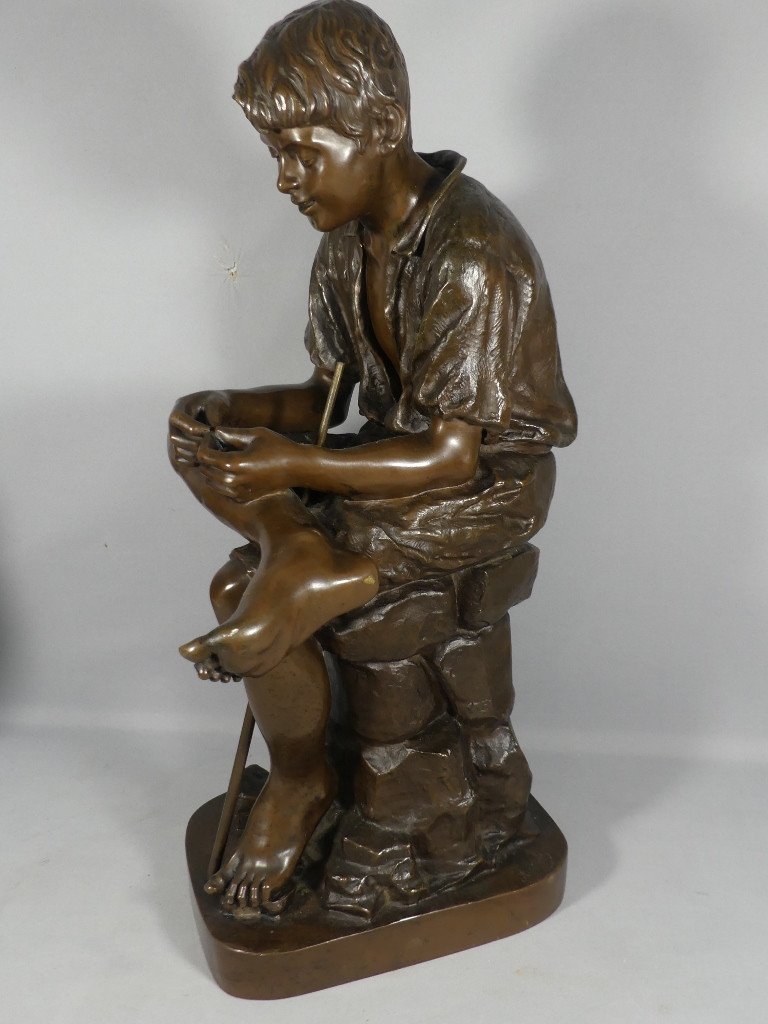 Joseph Ascoli (1847-1929), Le Jeune Pêcheur, Grand Bronze 57 Cm à Patine Brune-photo-3