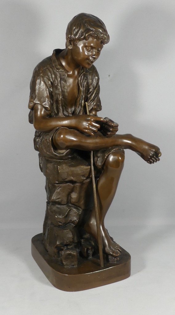 Joseph Ascoli (1847-1929), Le Jeune Pêcheur, Grand Bronze 57 Cm à Patine Brune