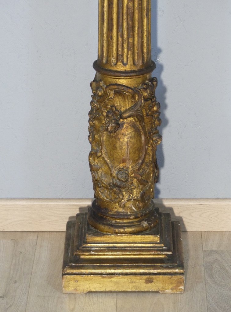 Colonne De Présentation En Bois Doré Chapiteau Corinthien, époque XVIII ème Siècle-photo-2