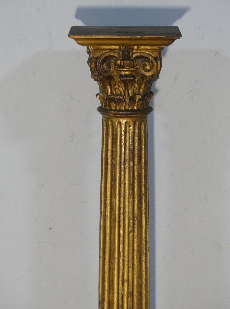 Colonne De Présentation En Bois Doré Chapiteau Corinthien, époque XVIII ème Siècle-photo-3