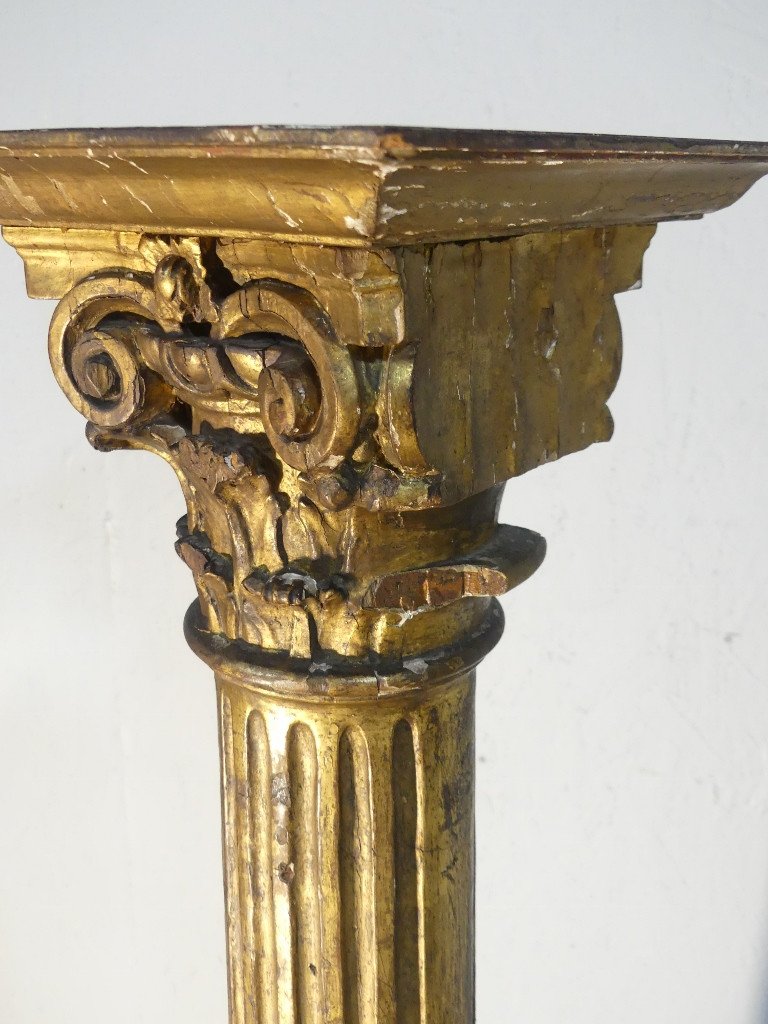 Colonne De Présentation En Bois Doré Chapiteau Corinthien, époque XVIII ème Siècle-photo-2