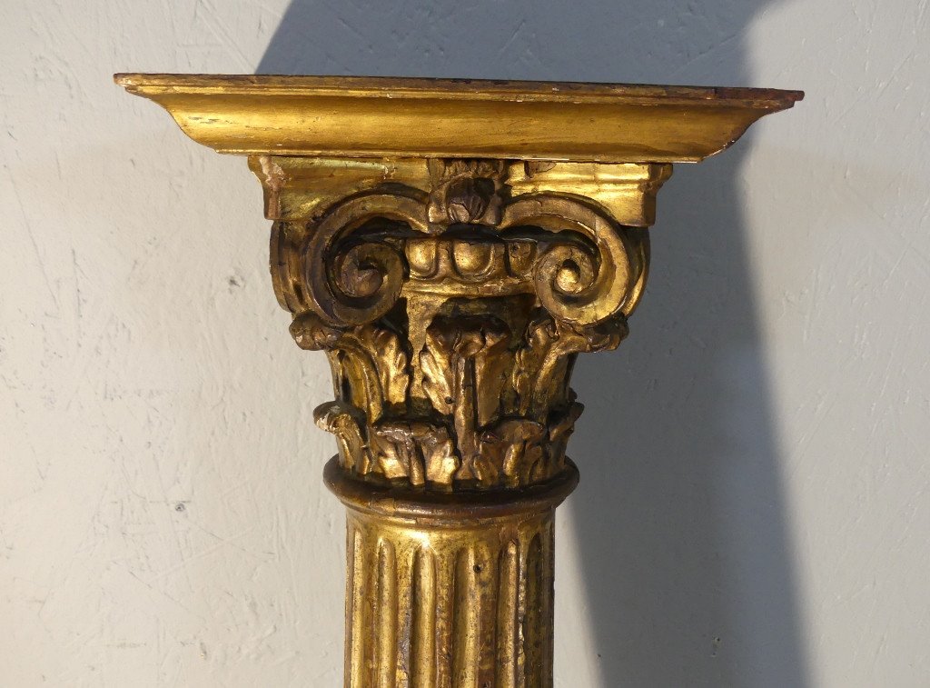 Colonne De Présentation En Bois Doré Chapiteau Corinthien, époque XVIII ème Siècle-photo-6