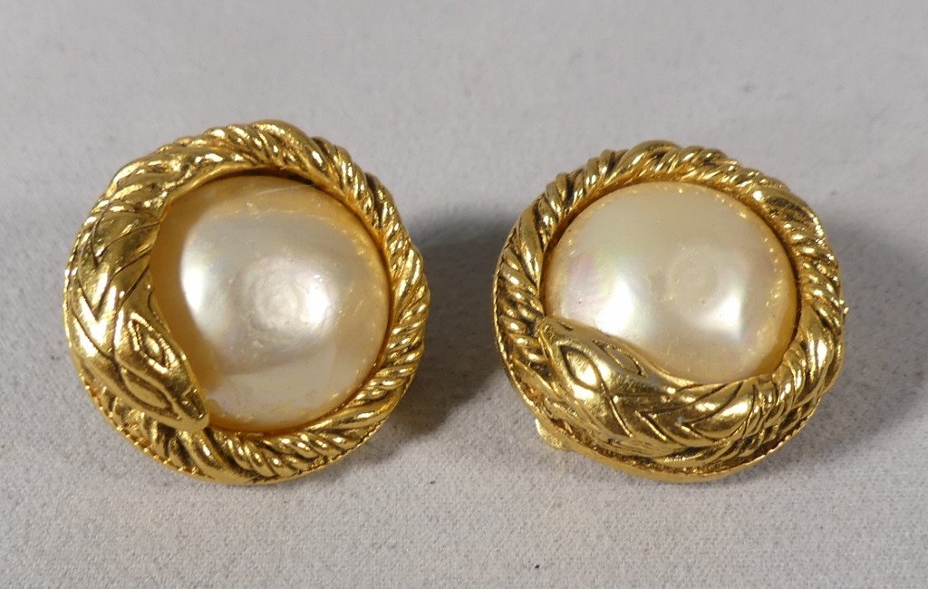 Chanel, Pair Of Gold Metal And Mother-of-pearl Snake Ear Clips, 1984