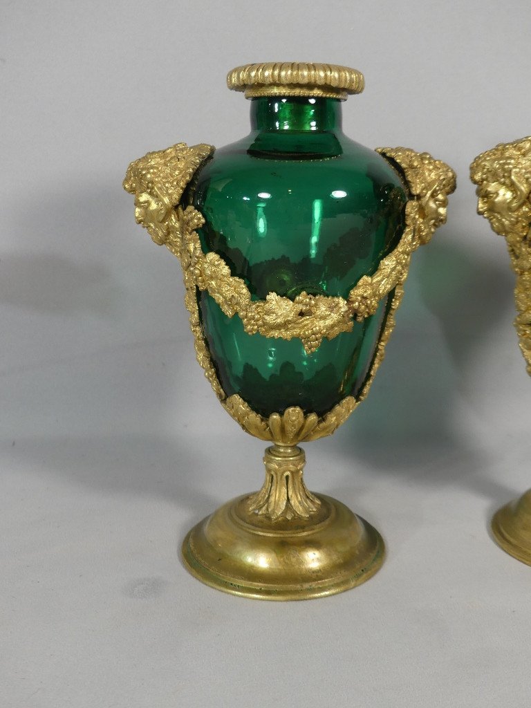 Pair Of Louis XVI Glass And Bronze Cassolette Vases, 19th Century-photo-2