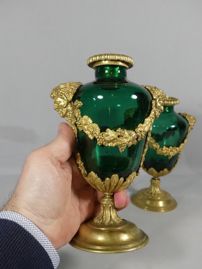 Pair Of Louis XVI Glass And Bronze Cassolette Vases, 19th Century-photo-3