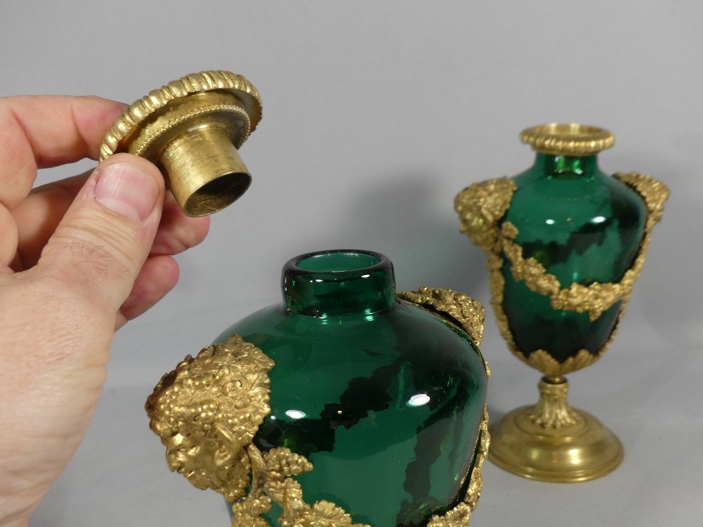 Pair Of Louis XVI Glass And Bronze Cassolette Vases, 19th Century-photo-4