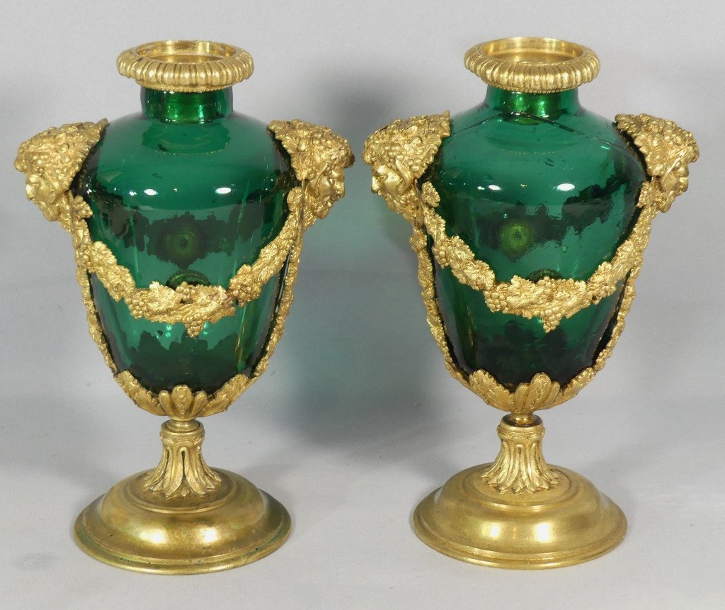 Pair Of Louis XVI Glass And Bronze Cassolette Vases, 19th Century