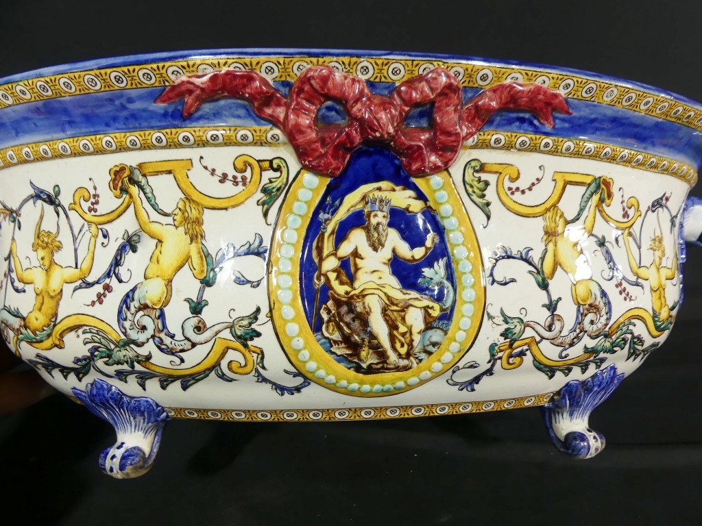 Gien Renaissance 19th Century, Large Centerpiece Forming Earthenware Jardiniere-photo-1