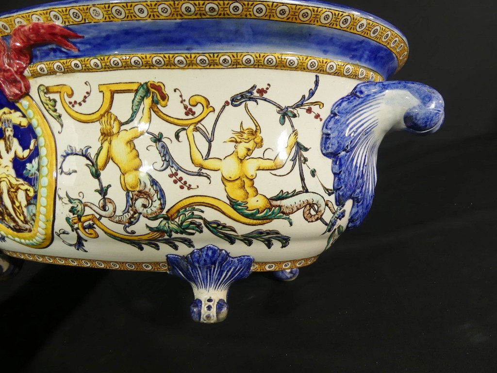 Gien Renaissance 19th Century, Large Centerpiece Forming Earthenware Jardiniere-photo-2