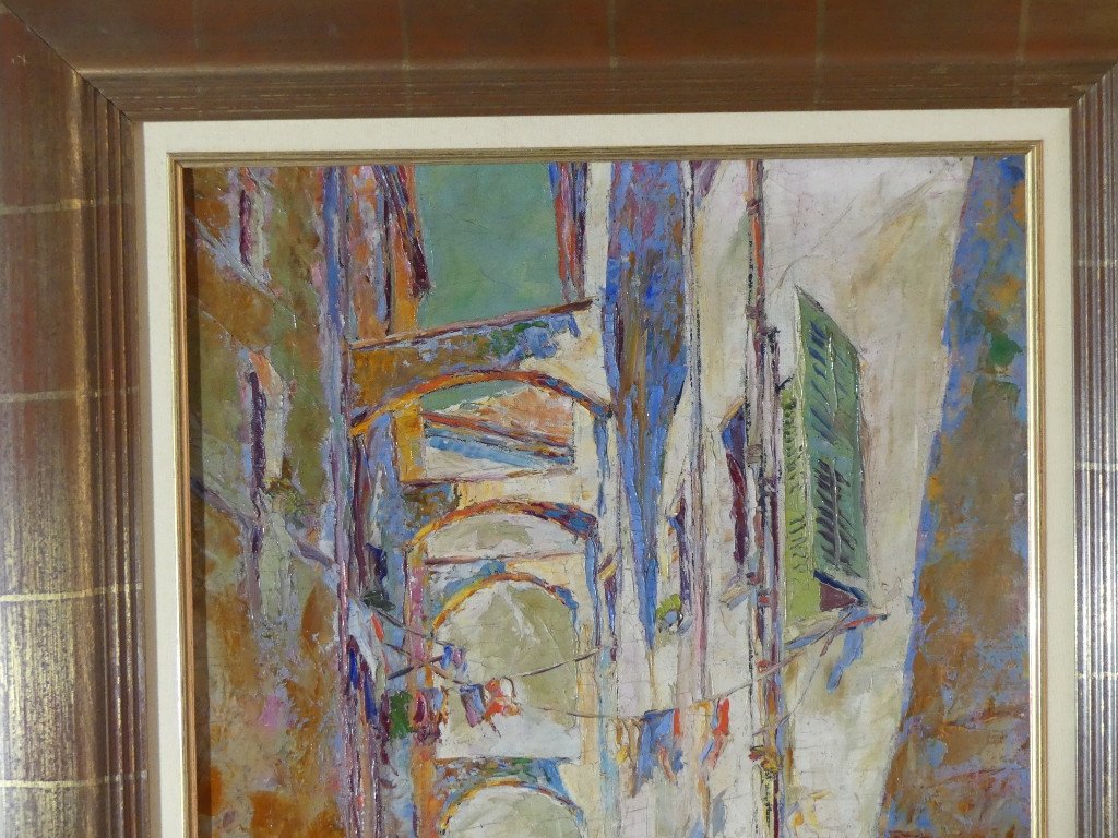 Hermann Wagner, Ruelle Du Sud Avec Linge Aux Fenêtres, Tableau Huile Sur Toile Daté 1926-photo-2