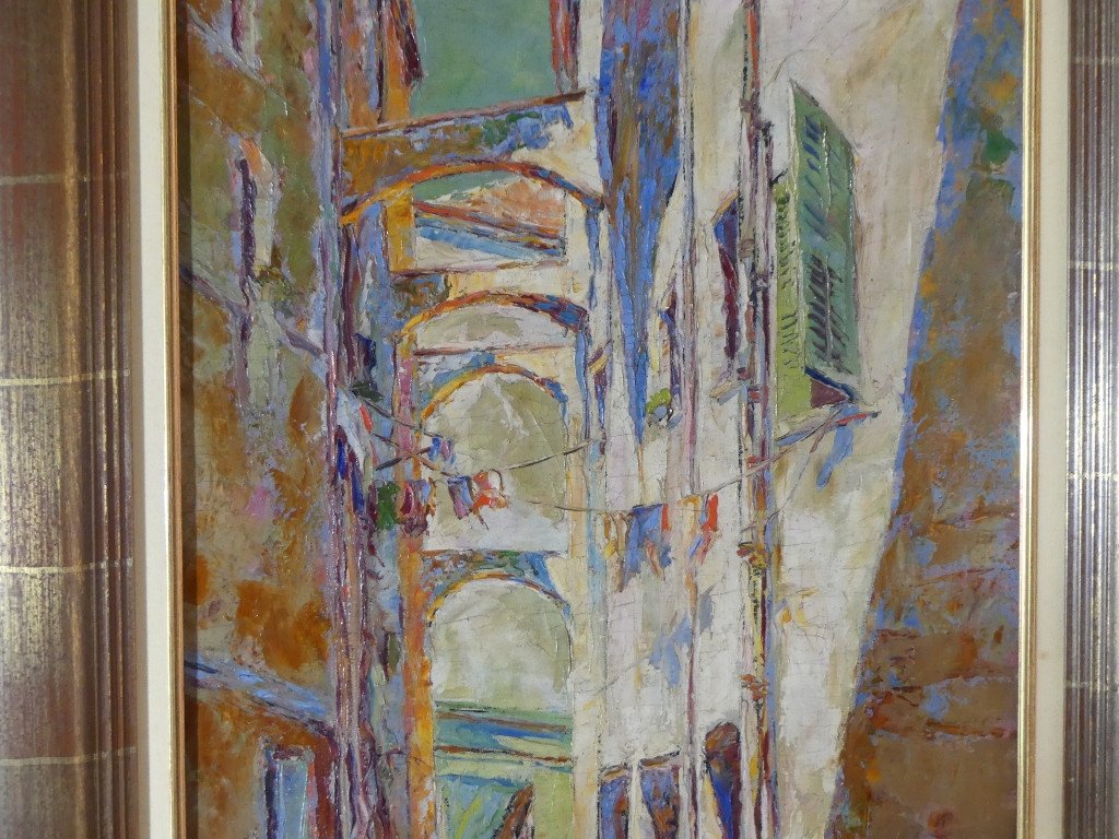 Hermann Wagner, Ruelle Du Sud Avec Linge Aux Fenêtres, Tableau Huile Sur Toile Daté 1926-photo-3