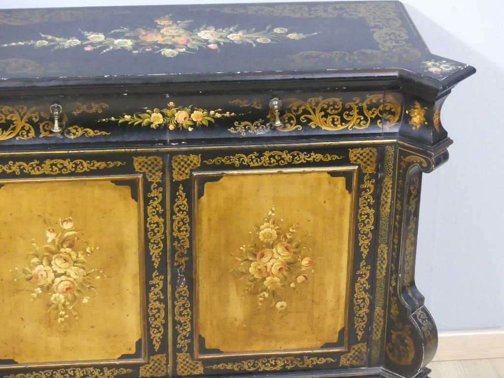 Sideboard, Napoleon III Sideboard Painted With Flowers On A Black And Gold Background, 19th Century-photo-2