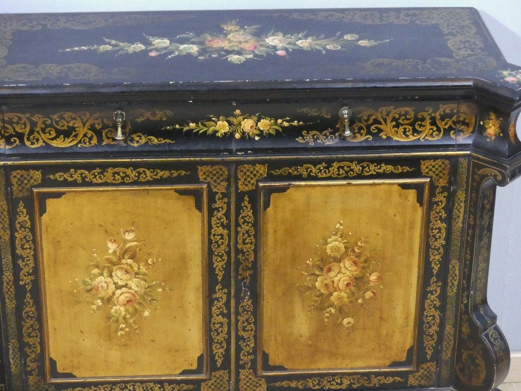 Meuble d'Appui, Buffet Napoléon III Peint De Fleurs Sur Fond Noir Et Doré, époque XIX ème-photo-4