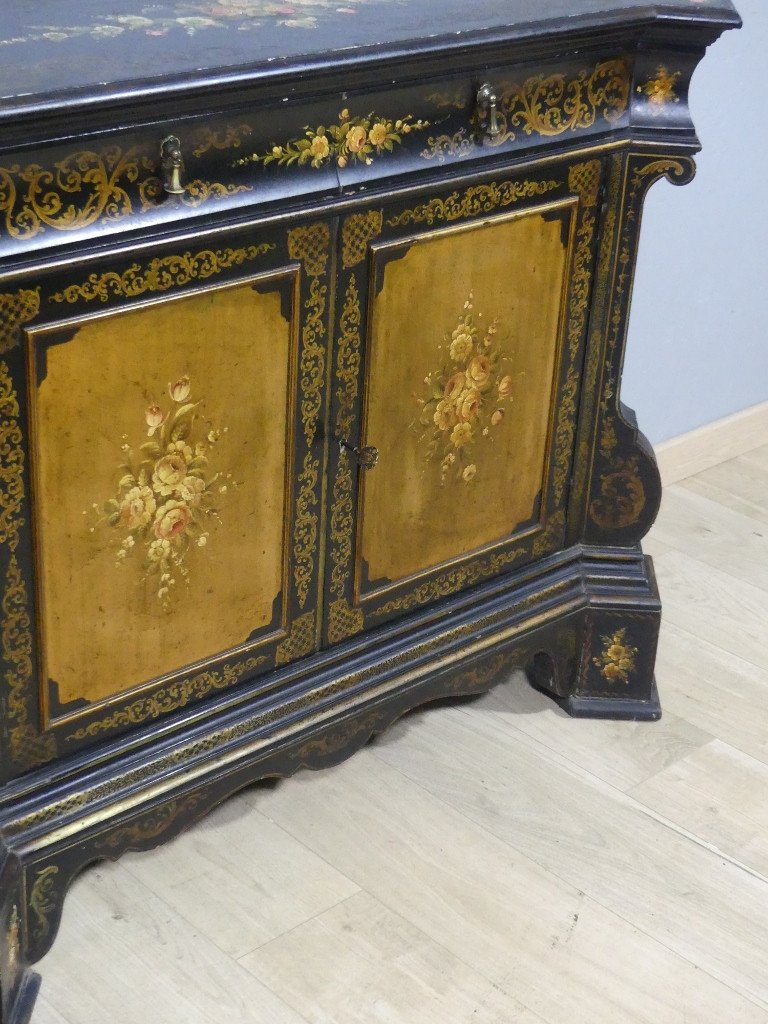 Meuble d'Appui, Buffet Napoléon III Peint De Fleurs Sur Fond Noir Et Doré, époque XIX ème-photo-2