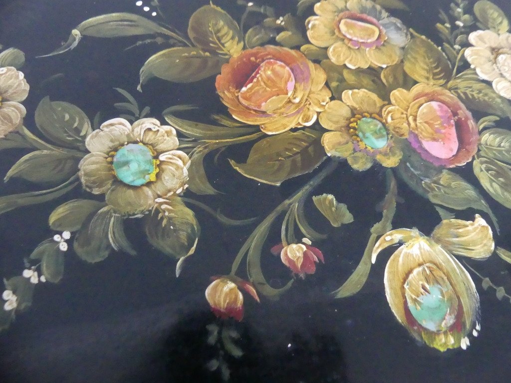 Meuble d'Appui, Buffet Napoléon III Peint De Fleurs Sur Fond Noir Et Doré, époque XIX ème-photo-5