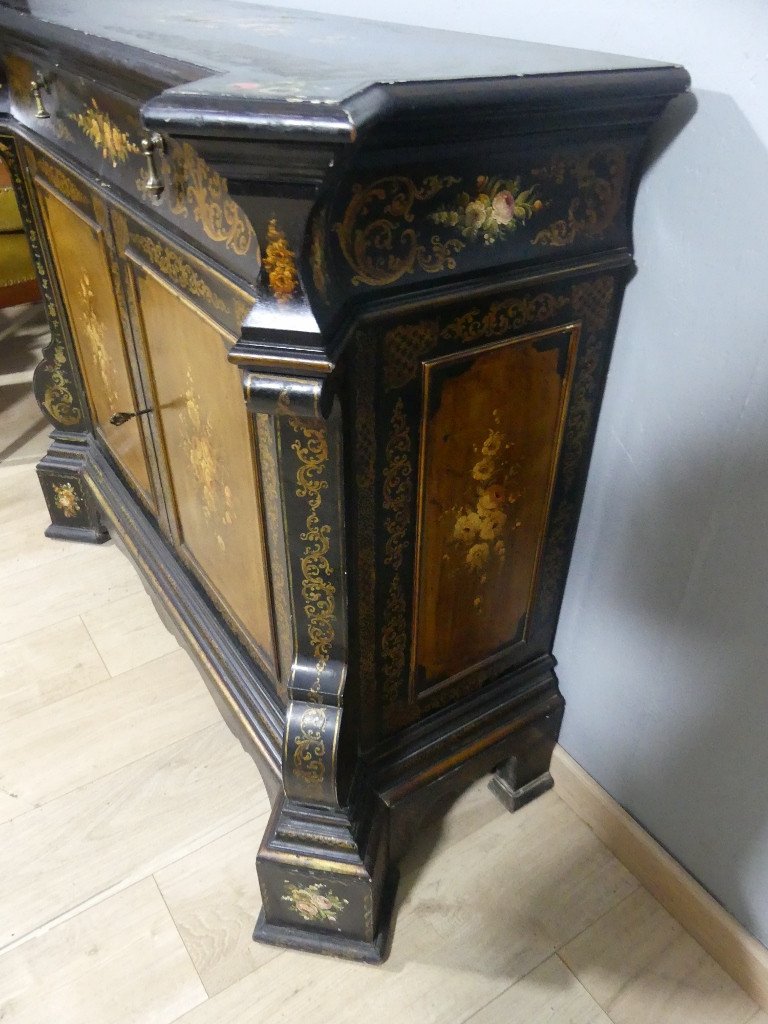 Meuble d'Appui, Buffet Napoléon III Peint De Fleurs Sur Fond Noir Et Doré, époque XIX ème-photo-6