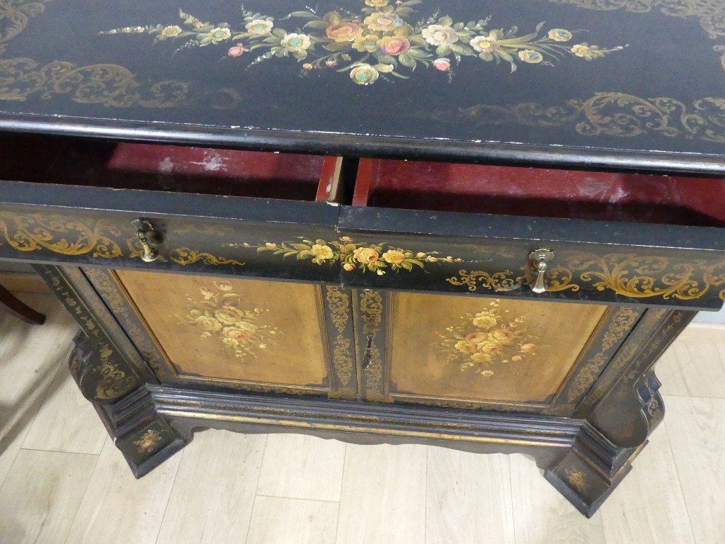 Meuble d'Appui, Buffet Napoléon III Peint De Fleurs Sur Fond Noir Et Doré, époque XIX ème-photo-7