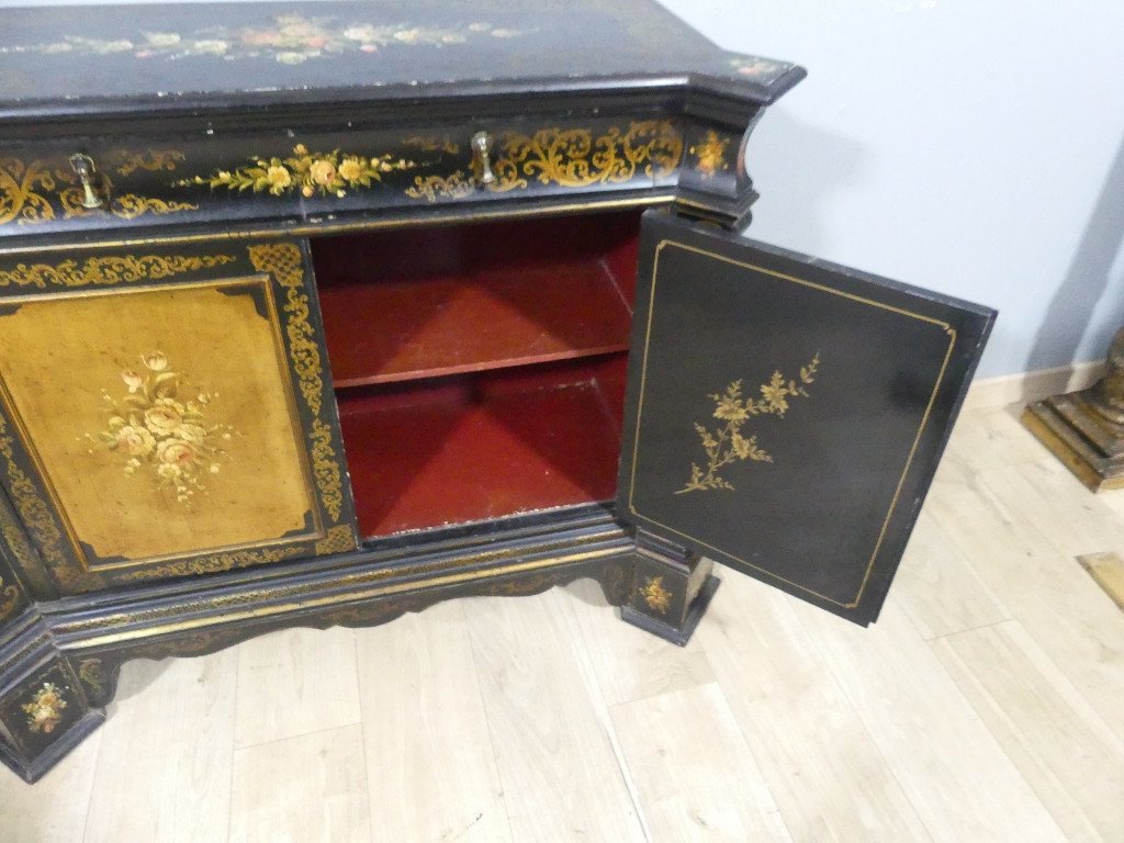 Meuble d'Appui, Buffet Napoléon III Peint De Fleurs Sur Fond Noir Et Doré, époque XIX ème-photo-8