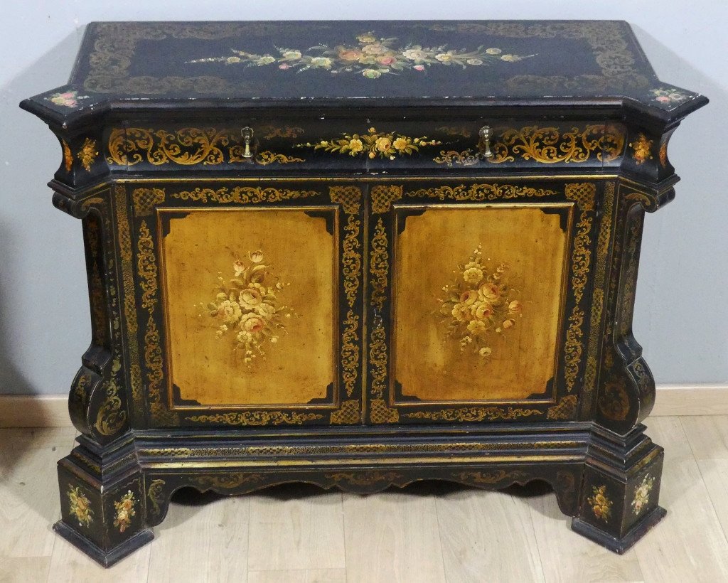 Sideboard, Napoleon III Sideboard Painted With Flowers On A Black And Gold Background, 19th Century