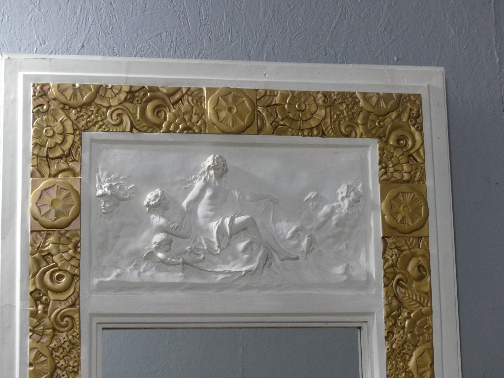 Art Deco Trumeau In Gilded Stucco And Bas Relief Antique Scene Circa 1925-photo-2