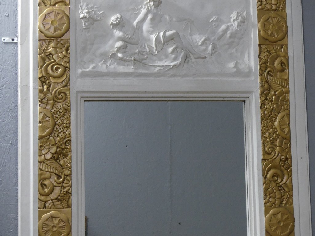 Art Deco Trumeau In Gilded Stucco And Bas Relief Antique Scene Circa 1925-photo-3